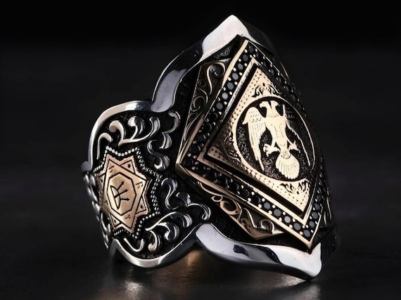 Double Headed Eagle Zihgir Ring: Black Zircon 925 Sterling Silver, Adjustable Archer Thumb Ring