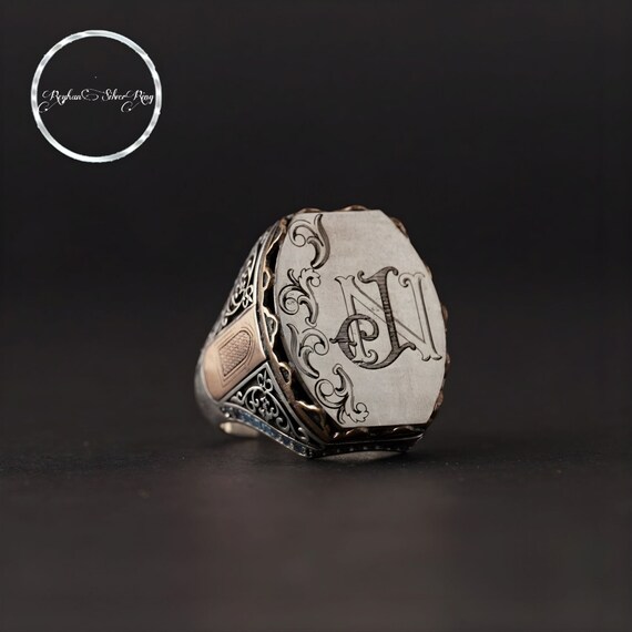 Letter Sterling Silver Men's Ring: Bronze Door Design, Blue Zircon Stone