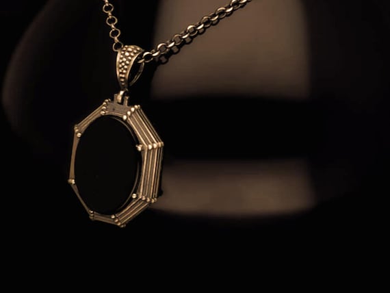 Black Amber Stone Sterling Silver Medallion Necklace