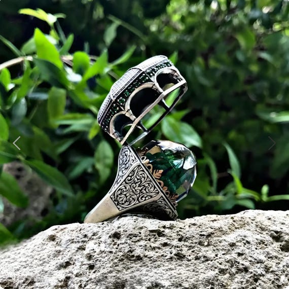 Kudret Silver Ring for Men | Green Zircon Stone, Mosque Engraved Design