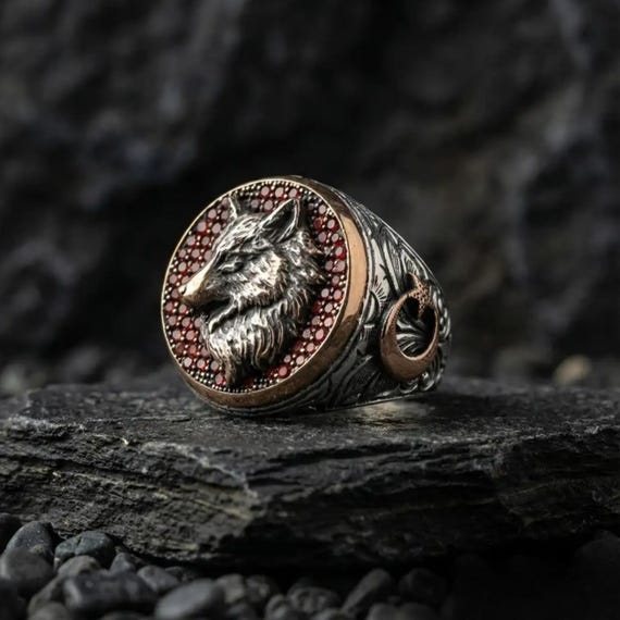 Wolf Ring, Garnet Stone, 925 Sterling Silver, Turkish Design