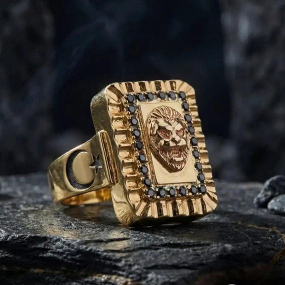 Gold Plated Sterling Silver Lion Ring, Black Zirconia, Ottoman Style