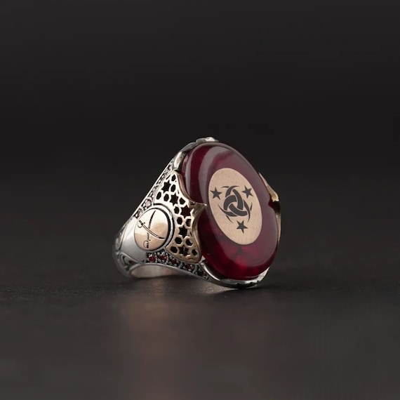 Ottoman Red Amber Sterling Silver Ring: Double Sword, Adjustable