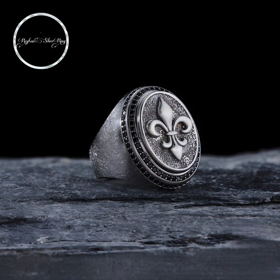 Handcrafted Sterling Silver Fleur-de-Lis Ring with Black Zirconia