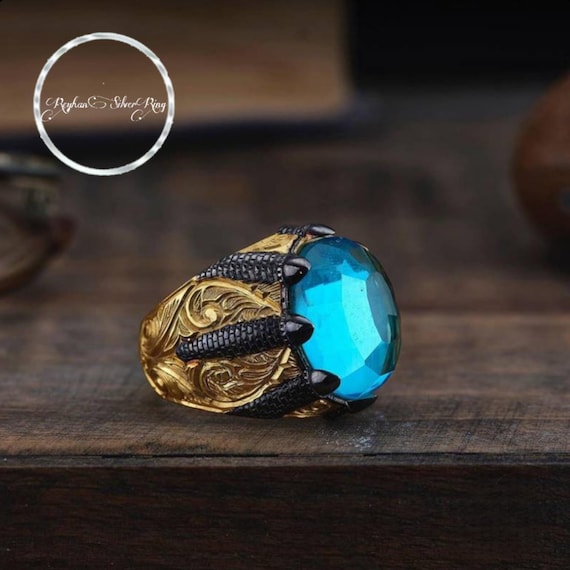 Handmade Aquamarine Stone Cage Ring in Gold 925 Sterling Silver