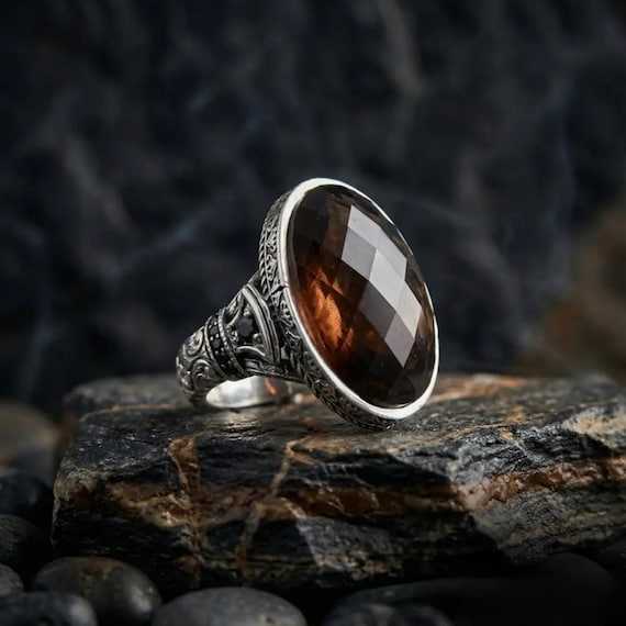 Brown Zircon Men's Ring, Faceted Coffee Stone, 925 Sterling Silver Masculine Band