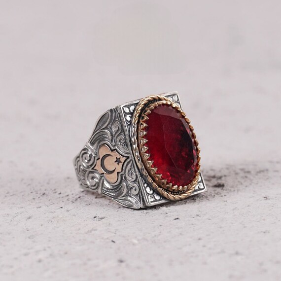 Handmade Sterling Silver Red Tourmaline Ring: Crescent Star Engraved
