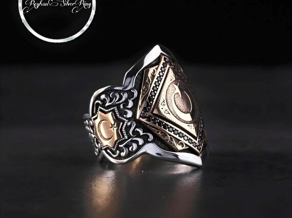 Black Zirconia Sterling Silver Ring: Moon & Star Design, Adjustable