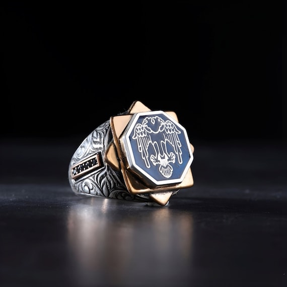 Double Headed Eagle Silver Ring with Black Zircon Stone | Adjustable Handmade Ring