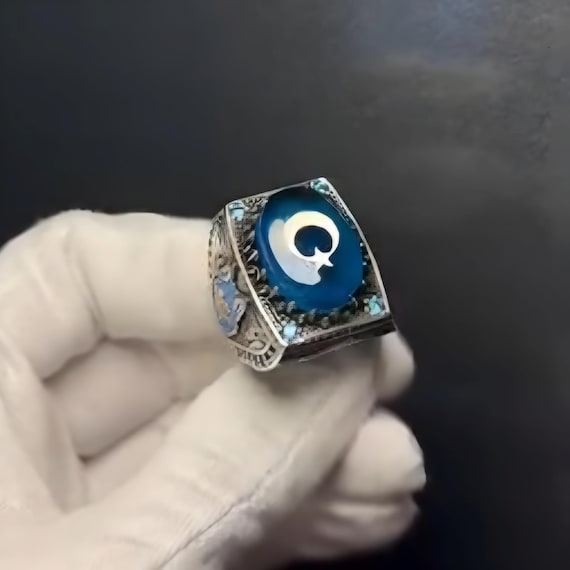 Blue Amber Sterling Silver Ring: Wolf Style Turkish Jewelry