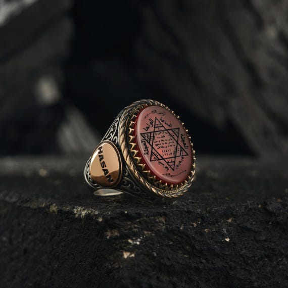 Red Agate Solomon Seal Ring: Engraved Sterling Silver Talisman