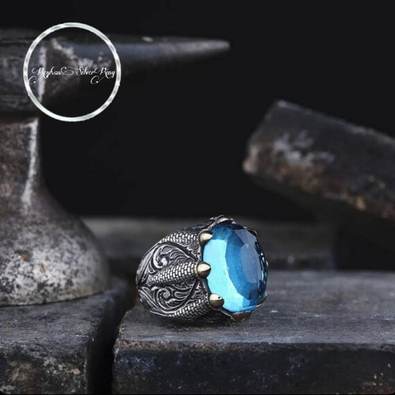 Aquamarine Sterling Silver Men's Ring: Ottoman Motif, Personalized