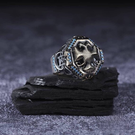 Double Headed Eagle Sterling Silver Ring - Adjustable Stone Ring