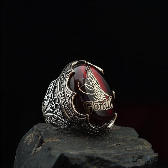 925 Sterling Silver Men's Ring with Red Fire Amber - Unique Ottoman Design