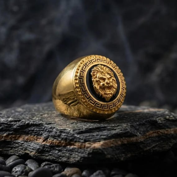 Gold Plated Lion Head Silver Ring for Men, 925 Sterling Silver