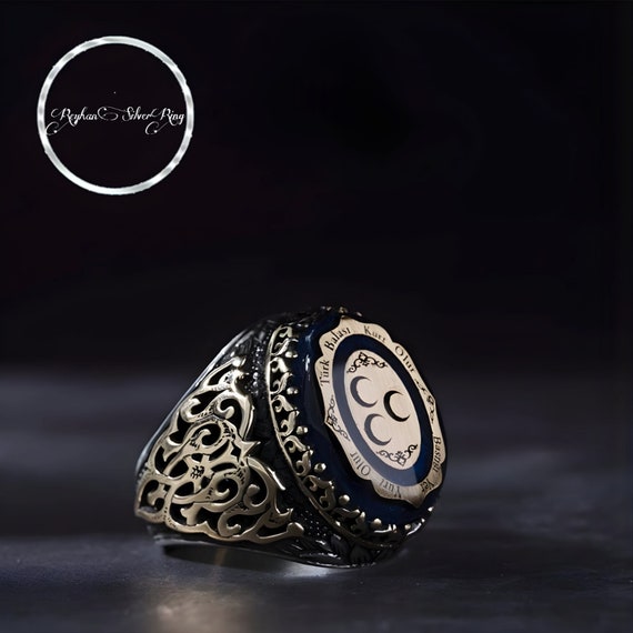 Carved Amber & Silver Men's Ring, Three Crescent Moon and Wolf Design, Turkey Jewelry