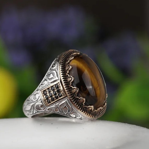 Engraved Sterling Silver Tiger Eye Ring with Black Zircon