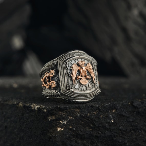 Double-Headed Eagle 925 Silver Ring: Bozkurt & Oghuz Symbols, Ottoman Style