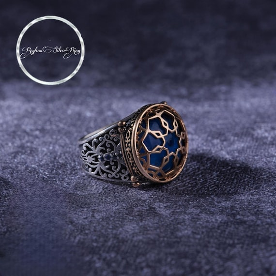 Blue Amber Stone 925 Sterling Silver Men's Ring: Cage Design