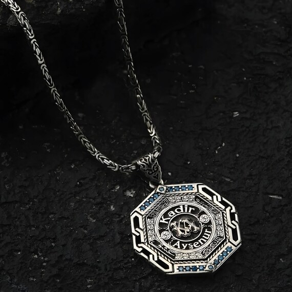 Personalized Arabic Name Necklace – Sterling Silver, Blue Topaz Medallion