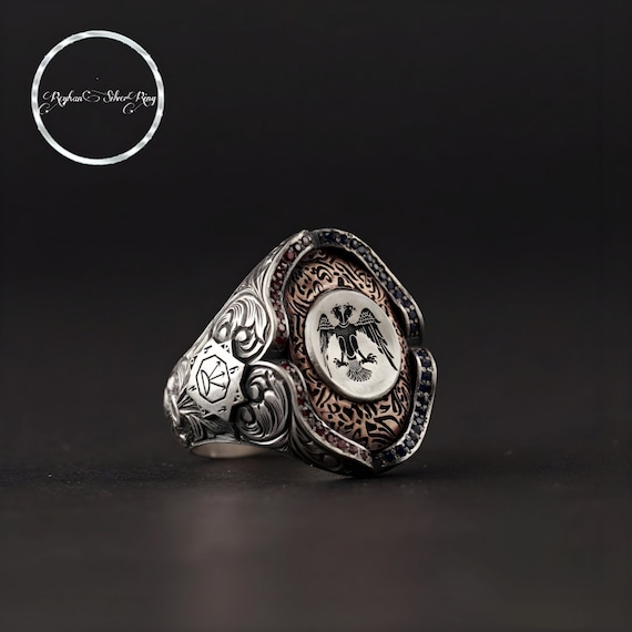 Double Headed Eagle Silver Ring: Turkish Zircon 925 Sterling Silver