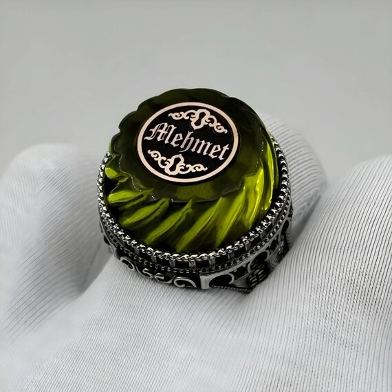 Personalized Sterling Silver Ring: Green Amber Gemstone, Custom Initial