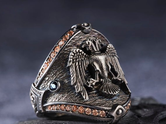 Citrine Double Headed Eagle Sterling Silver Ring - Handmade Turkish Jewelry