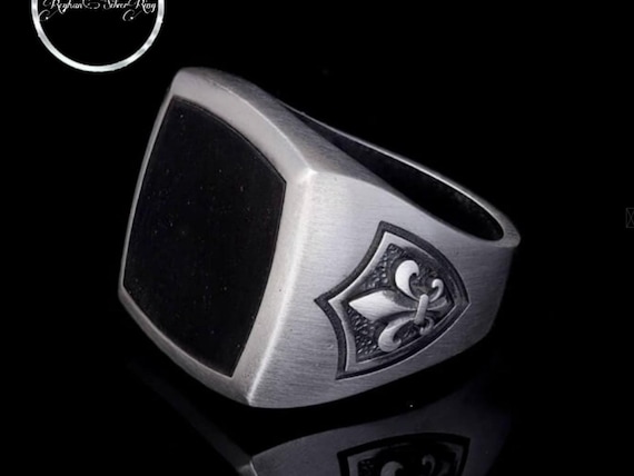 Handmade Sterling Silver Onyx Ring: Lily Flower Carved Shield