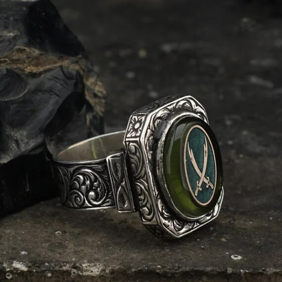 Green Amber Zulfiqar Sword Sterling Silver Ring: Adjustable Spiritual Jewelry