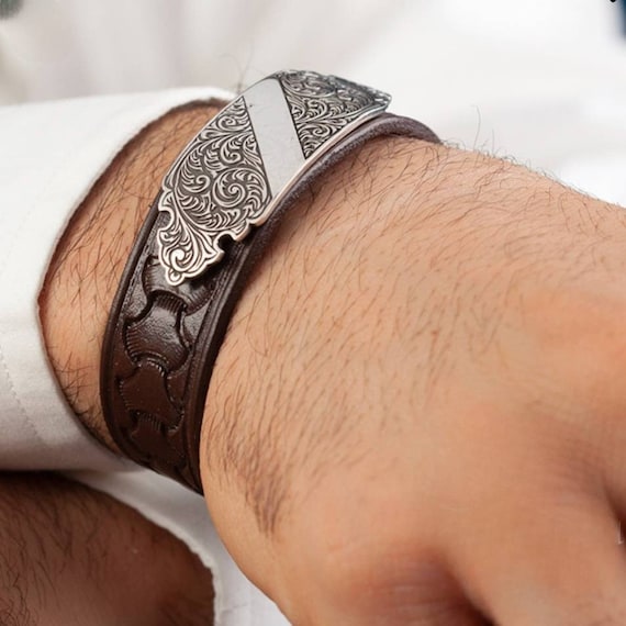 Leather Men's Bracelet: Sterling Silver Name Plate, Adjustable Handmade Jewelry