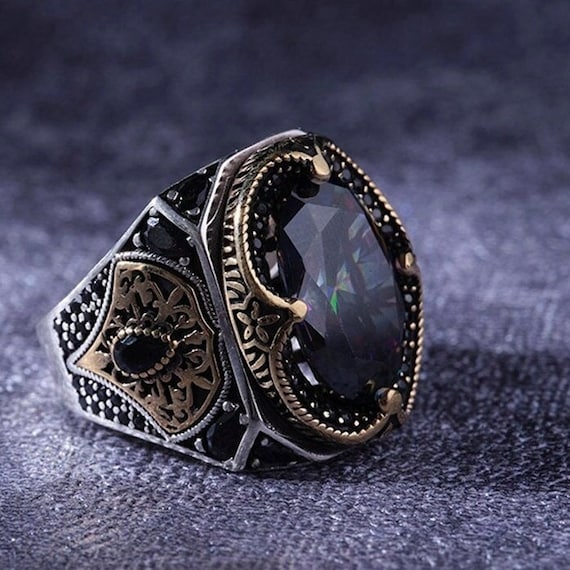 Star Topaz Sterling Silver Men's Ring: Engraved Royal Design