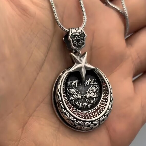 Sterling Silver Crescent Moon Star Medallion Necklace - Ottoman Style