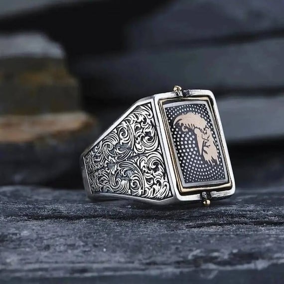 Handcrafted 925 Sterling Silver Eagle Ring: Seljuk Star, Turkish Men's Ring