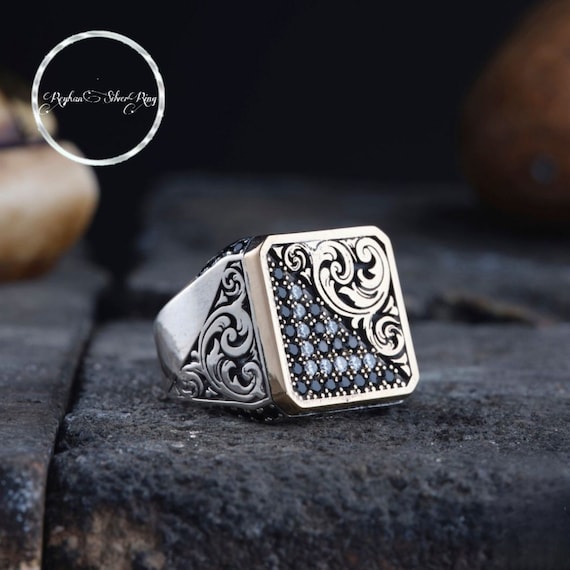 Engraved 925 Sterling Silver Men's Ring with Atomic Stones