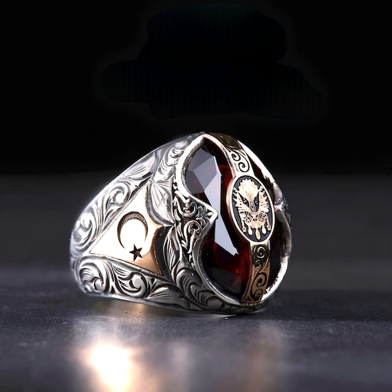 Ottoman Tughra Ring: Black Onyx 925 Sterling Silver, Turkish Islamic Jewelry