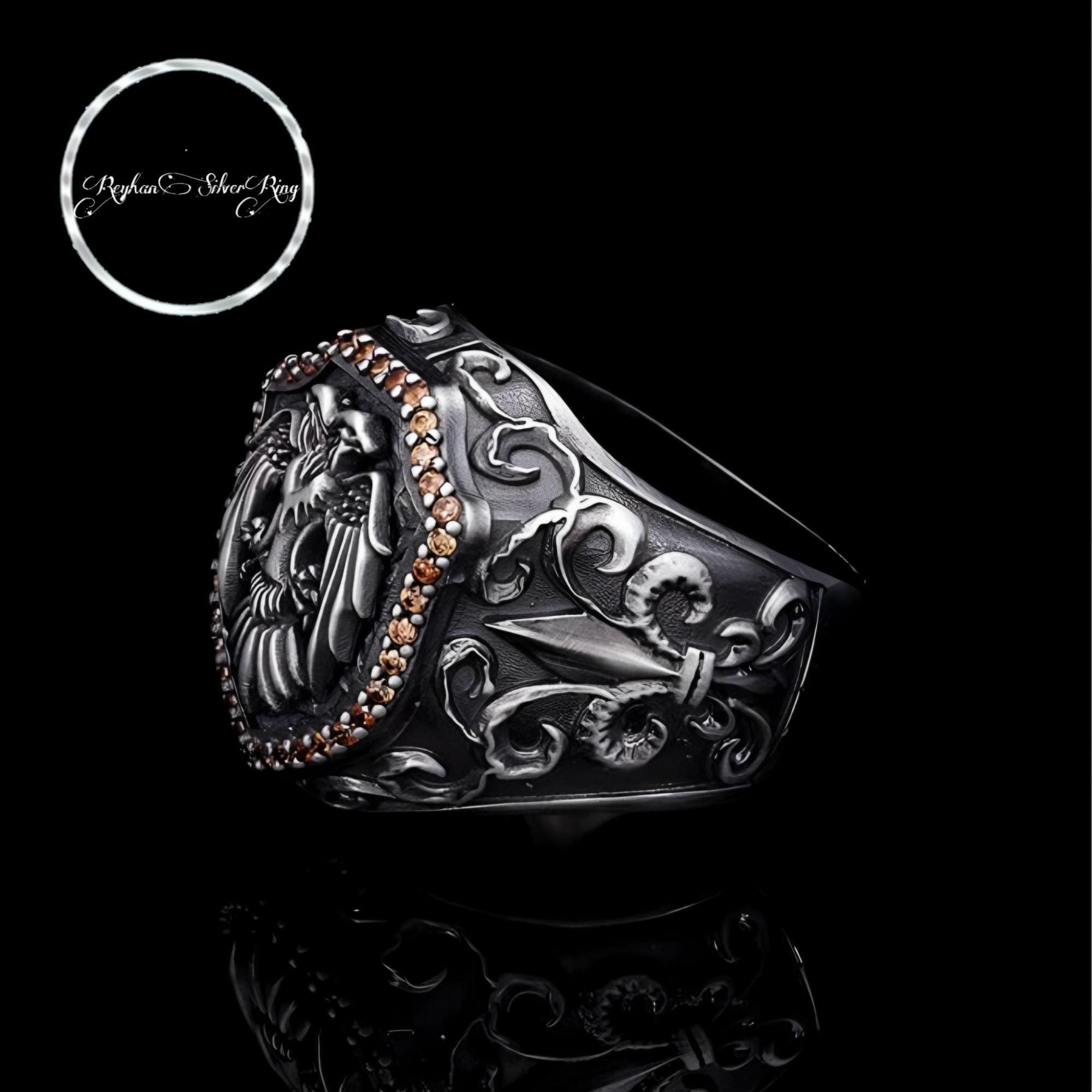 Double Headed Eagle Sterling Silver Ring with Zircon Stone