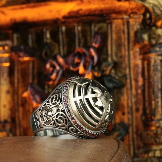 Handcrafted Janissary Soldier Silver Men's Ring with Red Zircon Stone