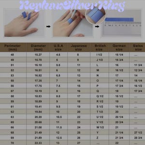 May include: A ring size conversion chart titled ReyhanSilverRing featuring three instructional images showing how to measure a finger with a blue paper strip and a ruler, alongside a comprehensive table listing perimeter, diameter, and international ring sizes.