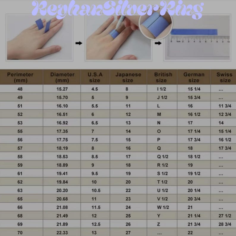 May include: A ring size conversion chart titled ReyhanSilverRing featuring three instructional images showing how to measure a finger with a blue paper strip and a ruler, alongside a comprehensive table listing perimeter, diameter, and international ring sizes.