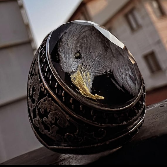 Sterling Silver Eagle Ring – Carved Quartz Stone, Personalized Men’s Jewelry