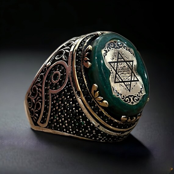 Green Amber Stone Sterling Silver Mens Ring: Solomon Seal, Islamic Jewelry