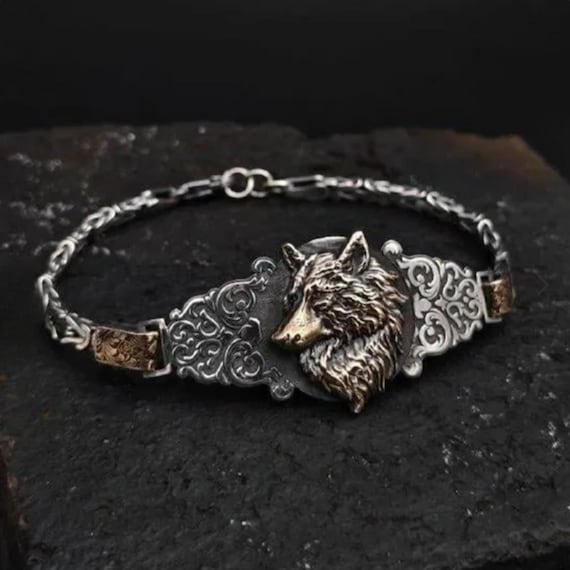 925 Sterling Silver Wolf Bracelet | Personalized Viking Bangle