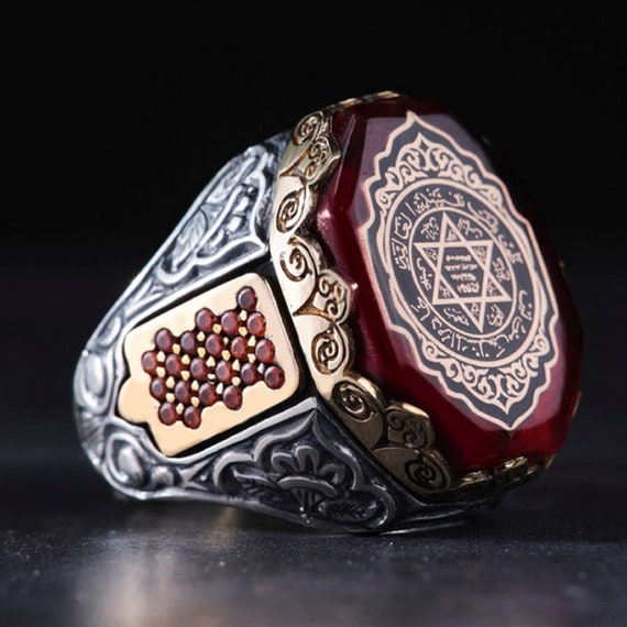 Red Amber Seal of Solomon Ring – 925 Sterling Silver Islamic Talisman
