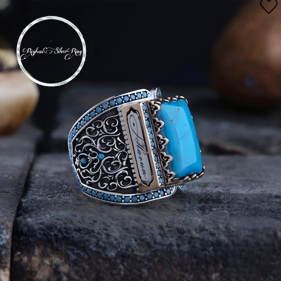 Turquoise Knight Sterling Silver Men's Ring: Handmade Turkish Jewelry