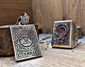 Turkish Crescent Star Sterling Silver Ring & Necklace Set: Oghuz Khan Seal, Handmade
