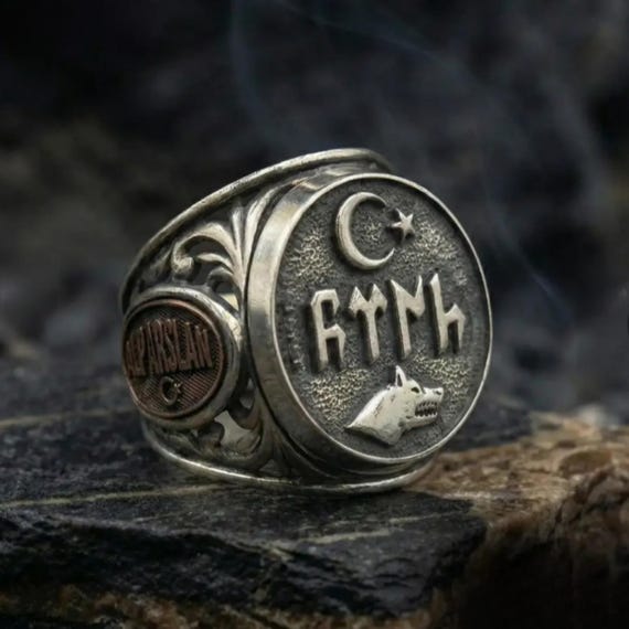 925 Sterling Silver Men’s Turkish Ring, Göktürk Turk Inscription, Crescent Moon Star Wolf Figure