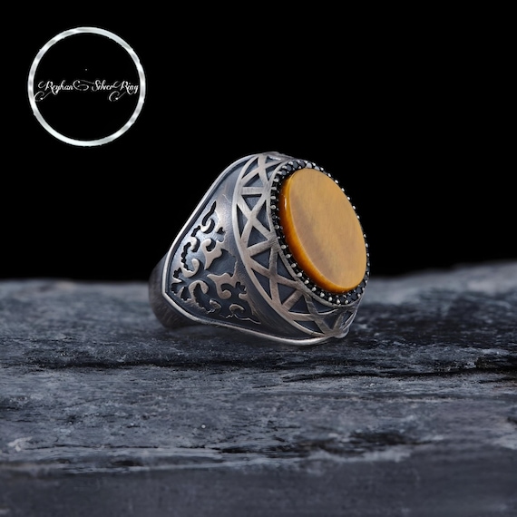Tiger Eye Sterling Silver Men's Ring: Black Zircon Accent - Handmade