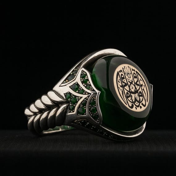 Personalized Green Amber Men's Silver Ring - Handmade Arabic Ottoman Jewelry
