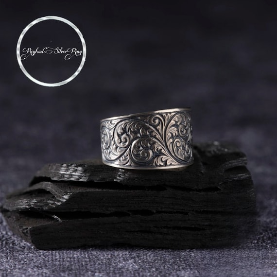 Handmade Engraved Sterling Silver Ring: Adjustable Floral Band