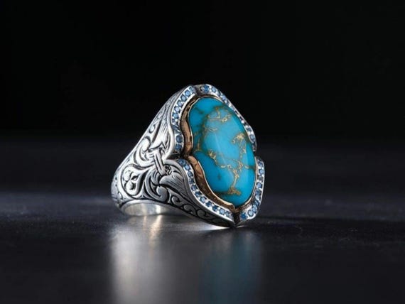 Natura Turquoise Stone Men's Ring: 925 Sterling Silver Adjustable Jewelry